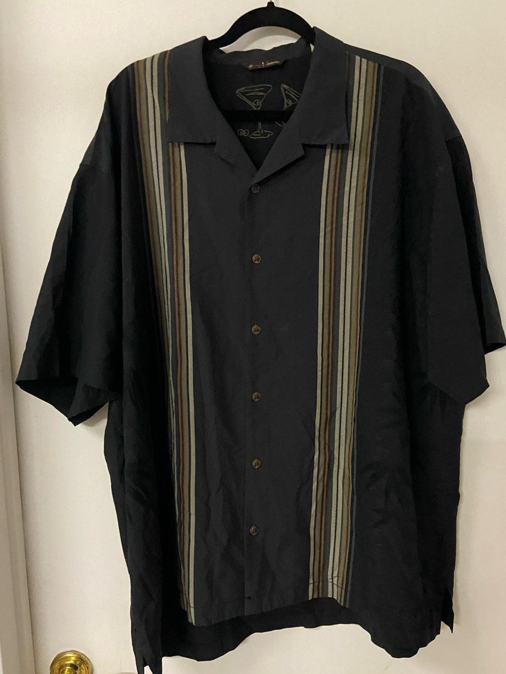 Tommy Bahama Mens 2XL 100% Silk Camp Shirt Black Stripe button up vacation
